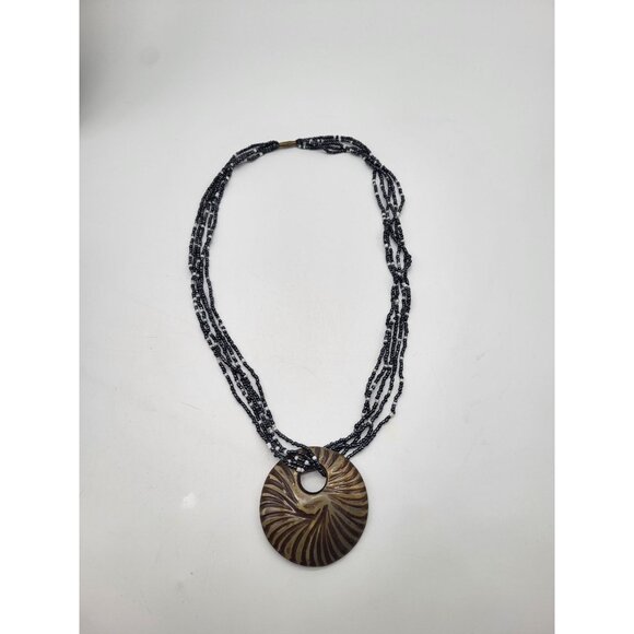 Boho Multi Strand Seed Bead Necklace w/Circle Disc Wood Pendant - Picture 2 of 10